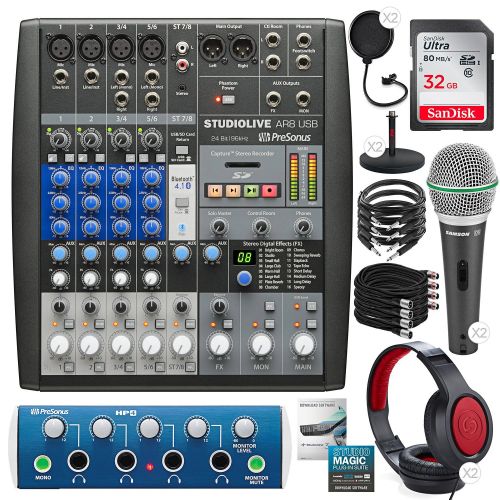  Photo Savings PreSonus StudioLive AR8 USB 8-Channel Hybrid Performance and Recording Mixer with ProSonus HP4 4-Channel Headphone Amplifier, 32GB Card, Deluxe Podcasting Kit