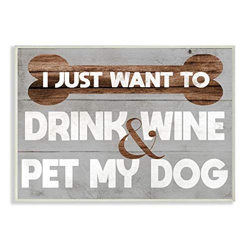  Stupell Industries Drink Wine Dog Funny Pet Grey Word Wall Plaque, 10 x 15, Design by Artist Daphne Polselli