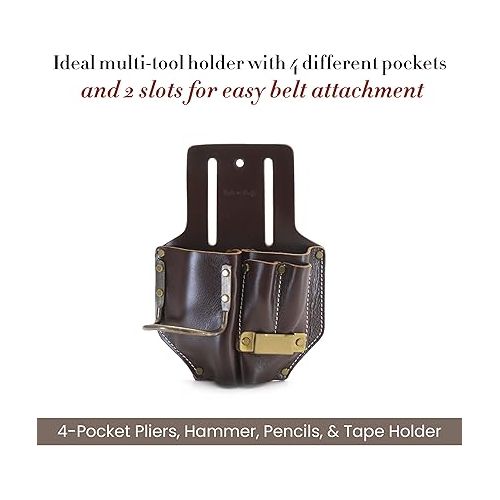  Style N Craft 4 Pocket Pliers, Hammer, Pencils & Tape Holder, Full-Grain Leather Tool Pouch, Multi Tool Holder, Dark Tan (#98017)