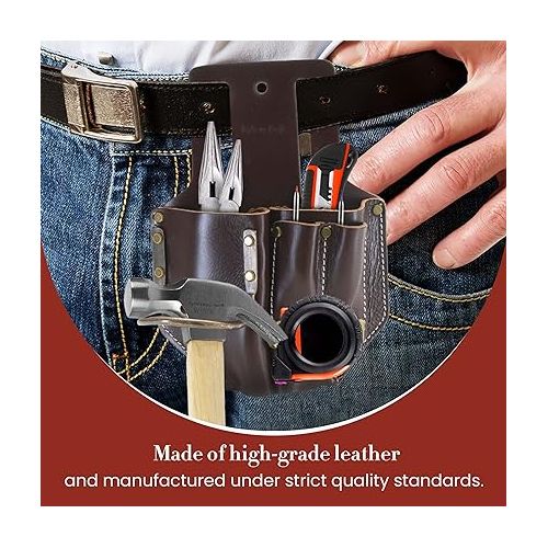  Style N Craft 4 Pocket Pliers, Hammer, Pencils & Tape Holder, Full-Grain Leather Tool Pouch, Multi Tool Holder, Dark Tan (#98017)