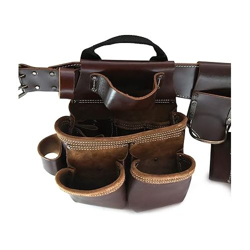  Style n Craft 4-Piece and 19-Pocket Pro Framer’s Combo, Tool Belt with 2 Tool Pouches and 1 Pliers and Hammer Holder, Full-Grain Leather Tool Belt for Left-Handed People, Dark Tan (98544L)