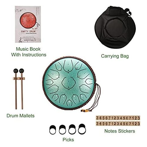  [아마존베스트]Submarine Tongue Drum 14 Inch Handpan Drum 15 Note Lotus Drum Tongue Drum Tank Drum Steel with Drum Beaters Special Carry Bag Finger Pads Clay Stickers (Green)