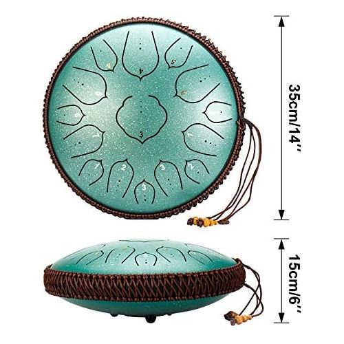  [아마존베스트]Submarine Tongue Drum 14 Inch Handpan Drum 15 Note Lotus Drum Tongue Drum Tank Drum Steel with Drum Beaters Special Carry Bag Finger Pads Clay Stickers (Green)