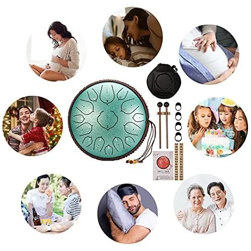  [아마존베스트]Submarine Tongue Drum 14 Inch Handpan Drum 15 Note Lotus Drum Tongue Drum Tank Drum Steel with Drum Beaters Special Carry Bag Finger Pads Clay Stickers (Green)