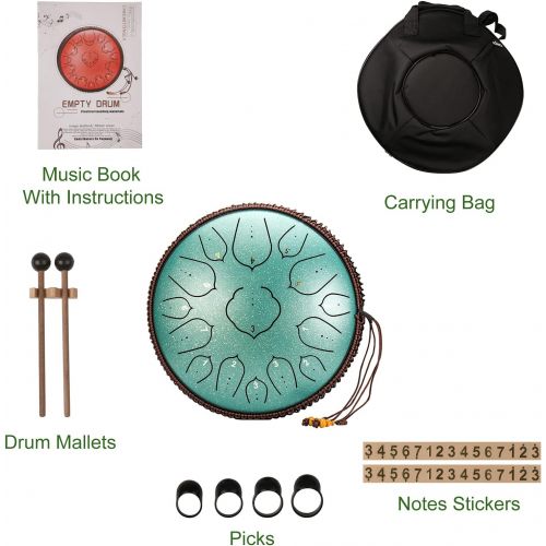  [아마존베스트]Submarine Tongue Drum 14 Inch Handpan Drum 15 Note Lotus Drum Tongue Drum Tank Drum Steel with Drum Beaters Special Carry Bag Finger Pads Clay Stickers (Green)