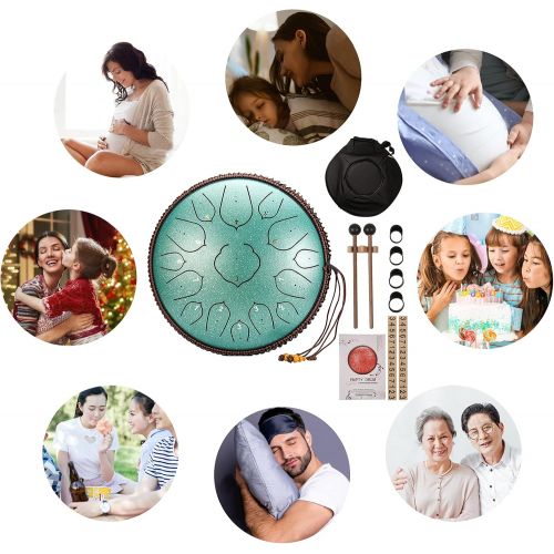  [아마존베스트]Submarine Tongue Drum 14 Inch Handpan Drum 15 Note Lotus Drum Tongue Drum Tank Drum Steel with Drum Beaters Special Carry Bag Finger Pads Clay Stickers (Green)