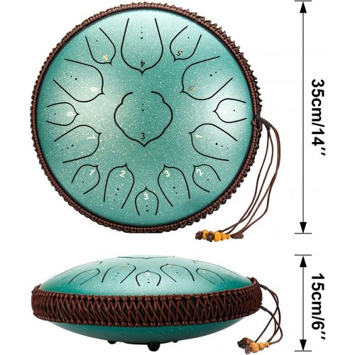  [아마존베스트]Submarine Tongue Drum 14 Inch Handpan Drum 15 Note Lotus Drum Tongue Drum Tank Drum Steel with Drum Beaters Special Carry Bag Finger Pads Clay Stickers (Green)