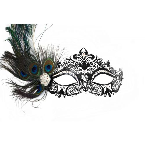  Success Creations Simone Laser-Cut Metal Black Venetian Womens Masquerade Mask w/ Peacock Feather
