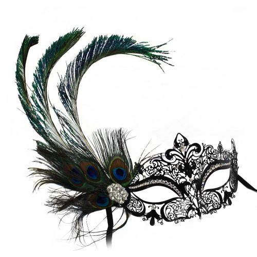  Success Creations Simone Laser-Cut Metal Black Venetian Womens Masquerade Mask w/ Peacock Feather