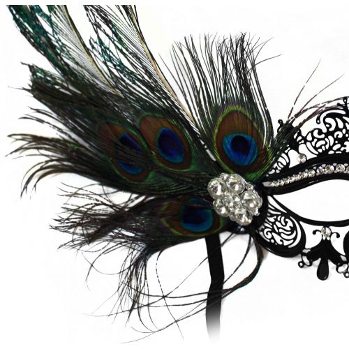  Success Creations Simone Laser-Cut Metal Black Venetian Womens Masquerade Mask w/ Peacock Feather