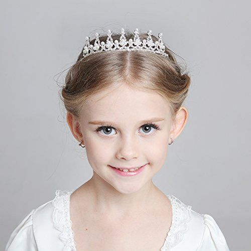  SudaTek Child Crystal Tiara Crown for Flower Girls, Pearl Princess Costume Crown