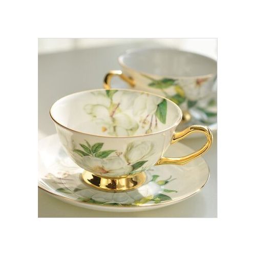  SudaTek Teeset aus feinstem Porzellan mit Goldrand im alten Stil, bestehend aus Tasse, Untertasse und Loeffel mit Geschenkverpackung; Tischkultur und Tischdekoration White Camellia