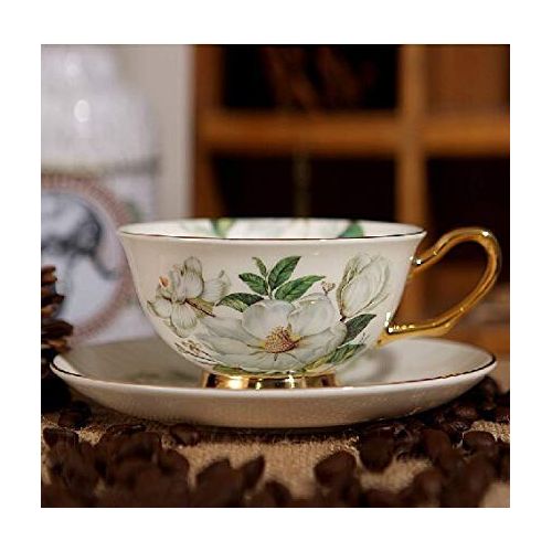  SudaTek Teeset aus feinstem Porzellan mit Goldrand im alten Stil, bestehend aus Tasse, Untertasse und Loeffel mit Geschenkverpackung; Tischkultur und Tischdekoration White Camellia
