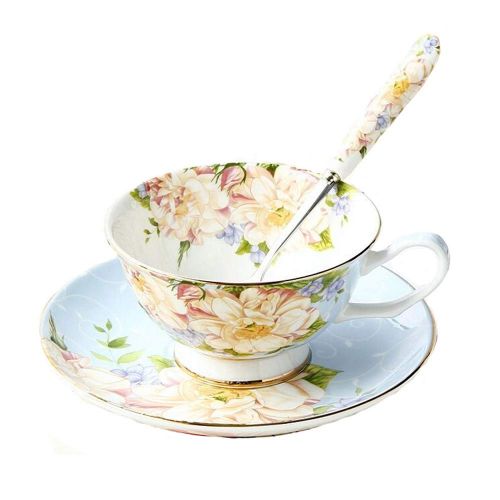  SudaTek Teeset aus feinstem Porzellan mit Goldrand im alten Stil, bestehend aus Tasse, Untertasse und Loeffel mit Geschenkverpackung; Tischkultur und Tischdekoration blau/rosa