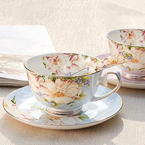  SudaTek Teeset aus feinstem Porzellan mit Goldrand im alten Stil, bestehend aus Tasse, Untertasse und Loeffel mit Geschenkverpackung; Tischkultur und Tischdekoration blau/rosa