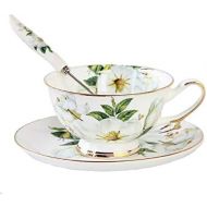 SudaTek Vintage Fine Bone China Tea Cup Spoon and Saucer Set Gold Trim Fine Dining and Table Decor (White Camellia)