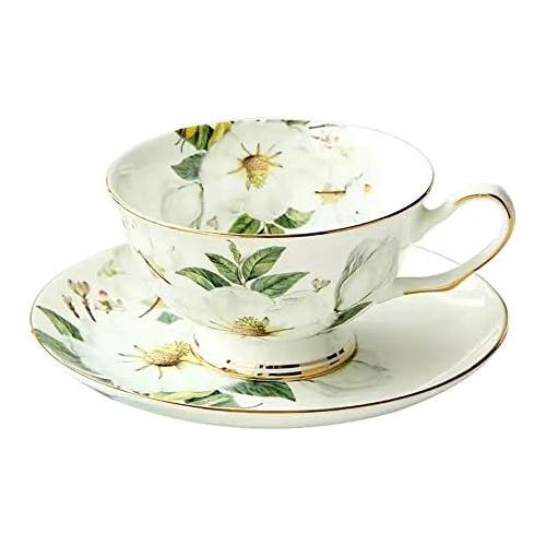  SudaTek Vintage Fine Bone China Tea Cup Spoon and Saucer Set Gold Trim Fine Dining and Table Decor (White Camellia)