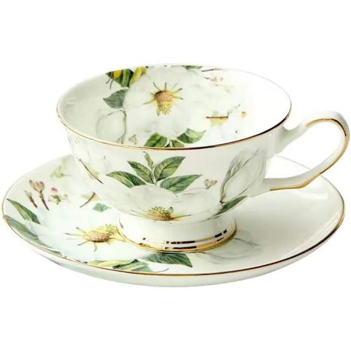  SudaTek Vintage Fine Bone China Tea Cup Spoon and Saucer Set Gold Trim Fine Dining and Table Decor (White Camellia)