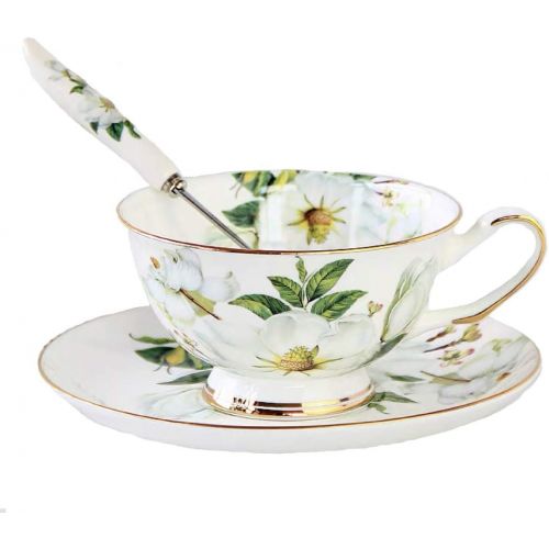  SudaTek Vintage Fine Bone China Tea Cup Spoon and Saucer Set Gold Trim Fine Dining and Table Decor (White Camellia)