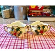 SueBearsAttic Two Candle holders / Holly & Pinecone