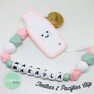 SugarSnapBabyShop Pink Milk Bottle - Mint - silicone teether - baby shower gift - pacifier clip - chew toy - PERSONALIZED - name on strand - chew beads - toy