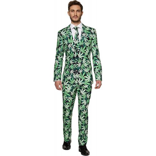  할로윈 용품SUITMEISTER Funny Suits for Men - Cannabis Print - Comes with Jacket, Pants & Tie - L