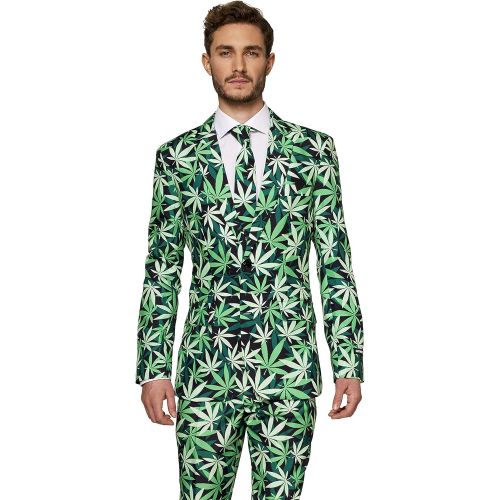  할로윈 용품SUITMEISTER Funny Suits for Men - Cannabis Print - Comes with Jacket, Pants & Tie - L