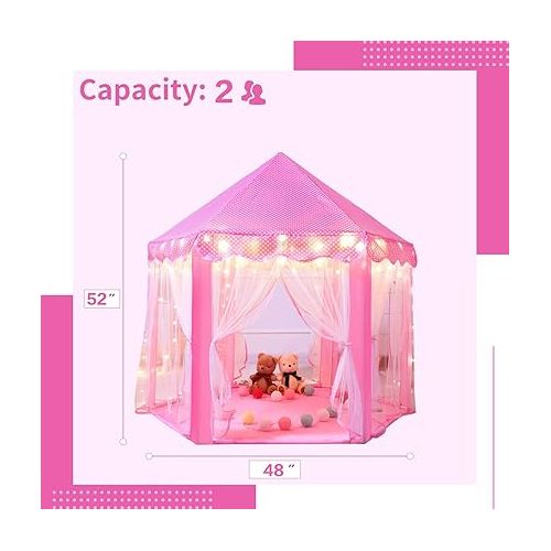  Sumbababy Princess Castle Tent for Girls Fairy Play Tents for Kids Hexagon Playhouse with Fairy Star Lights Toys for Children or Toddlers Indoor or Outdoor Games (Pink)