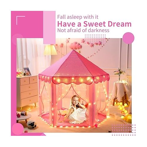  Sumbababy Princess Castle Tent for Girls Fairy Play Tents for Kids Hexagon Playhouse with Fairy Star Lights Toys for Children or Toddlers Indoor or Outdoor Games (Pink)