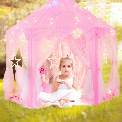  [아마존베스트]Sumbababy Princess Castle Tent for Girls Fairy Play Tents for Kids Hexagon Playhouse with Large Star Lights Toys for Children or Toddlers Indoor or Outdoor Games (Pink)