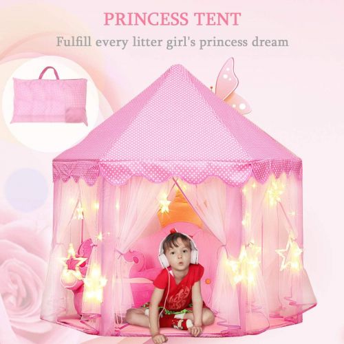  [아마존베스트]Sumbababy Princess Castle Tent for Girls Fairy Play Tents for Kids Hexagon Playhouse with Large Star Lights Toys for Children or Toddlers Indoor or Outdoor Games (Pink)