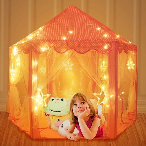  [아마존베스트]Sumbababy Princess Castle Tent for Girls Fairy Play Tents for Kids Hexagon Playhouse with Large Star Lights Toys for Children or Toddlers Indoor or Outdoor Games (Pink)