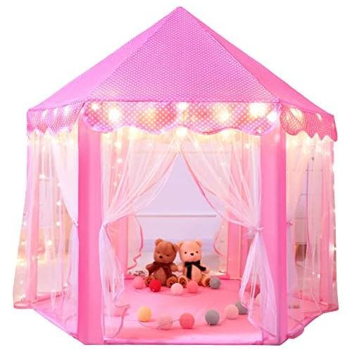  [아마존베스트]Sumbababy Princess Castle Tent for Girls Fairy Play Tents for Kids Hexagon Playhouse with Large Star Lights Toys for Children or Toddlers Indoor or Outdoor Games (Pink)