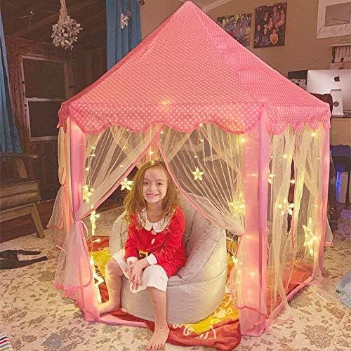  [아마존베스트]Sumbababy Princess Castle Tent for Girls Fairy Play Tents for Kids Hexagon Playhouse with Large Star Lights Toys for Children or Toddlers Indoor or Outdoor Games (Pink)