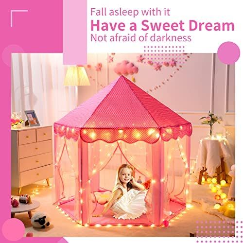  [아마존베스트]Sumbababy Princess Castle Tent for Girls Fairy Play Tents for Kids Hexagon Playhouse with Large Star Lights Toys for Children or Toddlers Indoor or Outdoor Games (Pink)