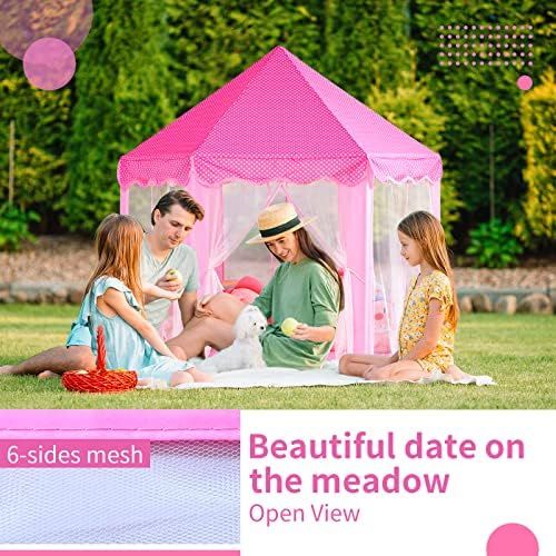  [아마존베스트]Sumbababy Princess Castle Tent for Girls Fairy Play Tents for Kids Hexagon Playhouse with Large Star Lights Toys for Children or Toddlers Indoor or Outdoor Games (Pink)