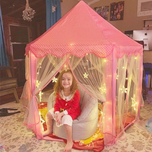  [아마존베스트]Sumbababy Princess Castle Tent for Girls Fairy Play Tents for Kids Hexagon Playhouse with Large Star Lights Toys for Children or Toddlers Indoor or Outdoor Games (Pink)