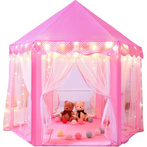  [아마존베스트]Sumbababy Princess Castle Tent for Girls Fairy Play Tents for Kids Hexagon Playhouse with Large Star Lights Toys for Children or Toddlers Indoor or Outdoor Games (Pink)