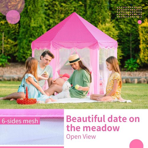  [아마존베스트]Sumbababy Princess Castle Tent for Girls Fairy Play Tents for Kids Hexagon Playhouse with Large Star Lights Toys for Children or Toddlers Indoor or Outdoor Games (Pink)