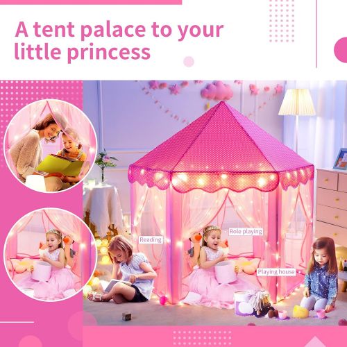  [아마존베스트]Sumbababy Princess Castle Tent for Girls Fairy Play Tents for Kids Hexagon Playhouse with Large Star Lights Toys for Children or Toddlers Indoor or Outdoor Games (Pink)