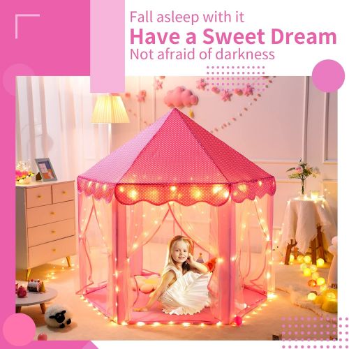  [아마존베스트]Sumbababy Princess Castle Tent for Girls Fairy Play Tents for Kids Hexagon Playhouse with Large Star Lights Toys for Children or Toddlers Indoor or Outdoor Games (Pink)