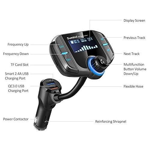  [아마존베스트](Upgraded Version) Bluetooth FM Transmitter, Sumind Wireless Radio Adapter Hands-Free Car Kit with 1.7 Inch Display, QC3.0 and Smart 2.4A Dual USB Ports, AUX Input/Output, TF Card