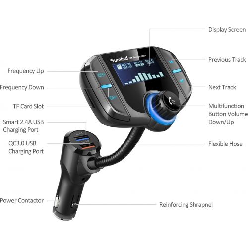  [아마존베스트](Upgraded Version) Bluetooth FM Transmitter, Sumind Wireless Radio Adapter Hands-Free Car Kit with 1.7 Inch Display, QC3.0 and Smart 2.4A Dual USB Ports, AUX Input/Output, TF Card