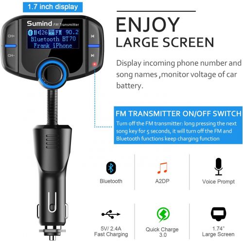  [아마존베스트](Upgraded Version) Bluetooth FM Transmitter, Sumind Wireless Radio Adapter Hands-Free Car Kit with 1.7 Inch Display, QC3.0 and Smart 2.4A Dual USB Ports, AUX Input/Output, TF Card