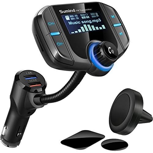  [아마존베스트]Sumind Wireless Radio Adapter, Car Bluetooth Fm Transmitter, Bluetooth Car Transmitter 1.7 Inch Display, QC3.0/2.4A Dual USB Ports, AUX Output, Mp3 Player with Magnetic Mount and P