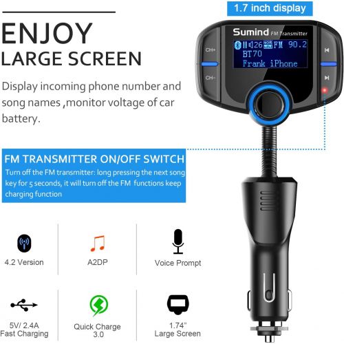  [아마존베스트]Sumind Wireless Radio Adapter, Car Bluetooth Fm Transmitter, Bluetooth Car Transmitter 1.7 Inch Display, QC3.0/2.4A Dual USB Ports, AUX Output, Mp3 Player with Magnetic Mount and P