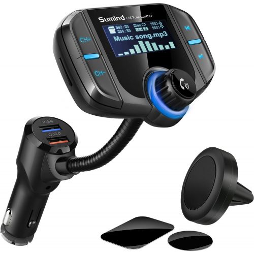  [아마존베스트]Sumind Wireless Radio Adapter, Car Bluetooth Fm Transmitter, Bluetooth Car Transmitter 1.7 Inch Display, QC3.0/2.4A Dual USB Ports, AUX Output, Mp3 Player with Magnetic Mount and P