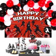 Sumind 83 Pieces Warrior Birthday Party Supplies Warrior Party Decorations Include Warrior Birthday Party Backdrop and Colorful Latex Balloons and Warrior Cake Toppers for Boys Teens Birt
