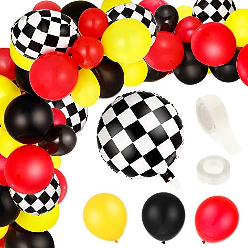  Sumind 121 Pieces Balloon Garland Race Car Birthday Party Supplies Cars Theme Birthday Party Decorations Race Car Balloons Checkered Foil Balloons for Racing Car Birthday Decoration