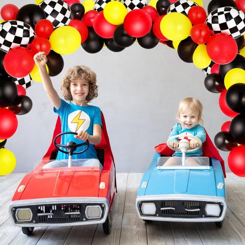  Sumind 121 Pieces Balloon Garland Race Car Birthday Party Supplies Cars Theme Birthday Party Decorations Race Car Balloons Checkered Foil Balloons for Racing Car Birthday Decoration